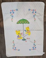 Vintage Quilted crib/ Baby Blanket, Yellow Bears on seesaw,40"x 57.5"