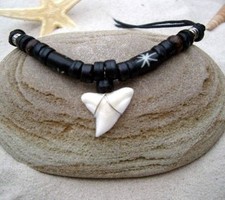 UNISEX SHARK TOOTH TEETH LUCKY BEACH SURF BEAD NECKLACE BLACK CORD / n188hvi