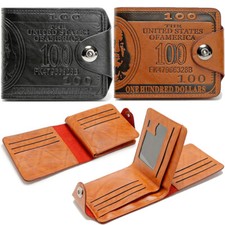 Mens US " 100" Dollar Bill Printed Leather Bifold Wallet Cash Card Holder Purse