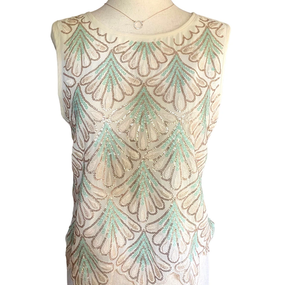 Blusa feminina inglesa rosa pequena sem mangas praia turquesa lantejoulas bainha recortada - Imagem 3 de 4