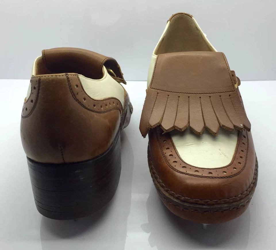 GUCCI Zapato de Golf Kiltie Mujer Cuero Marrón Blanco Oxford 6.5D Italia ¡Muy Raro!