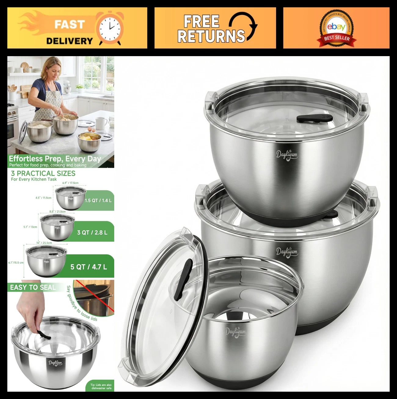 Airtight Mixing Bowls Set with Lids, Stainless Steel Nesting Bowls, 3 Sizes (1.5