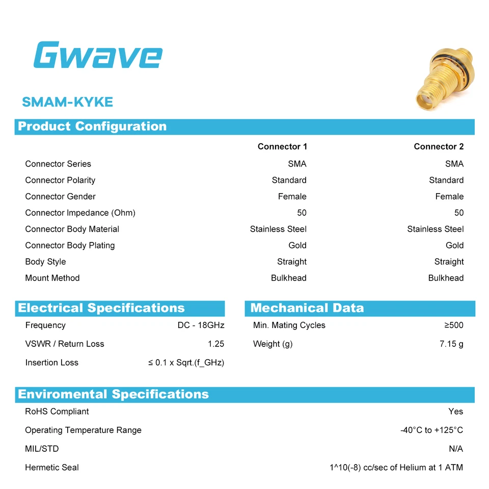 SMA Female to SMA Female Hermetically Sealed Bulkhead Mount Adaptor, DC - 18GHz - Image 3 of 4