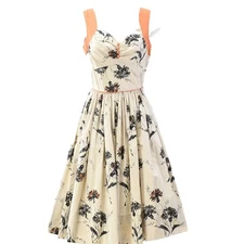 50s Vintage Cotton Fit N Flare Dress 2XS Beige Orange Black Sweetheart Floral