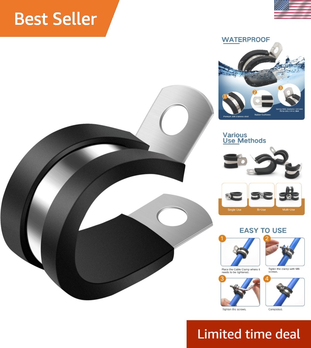 10 Pack 1-1/2 Inch Stainless Steel Cable Clamps - Durable and Flexible Design