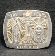 WG05157 VINTAGE 1985 100 YEARS OF LIBERTY PATRIOTIC ARTWORK SILVER BELT BUCKLE