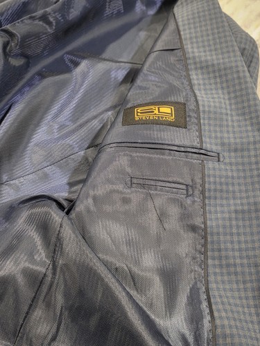 44L Men's Steven Land Blazer Checkered Blue Super 150s Wool Sport Coat New W/Tag - Picture 9 of 10