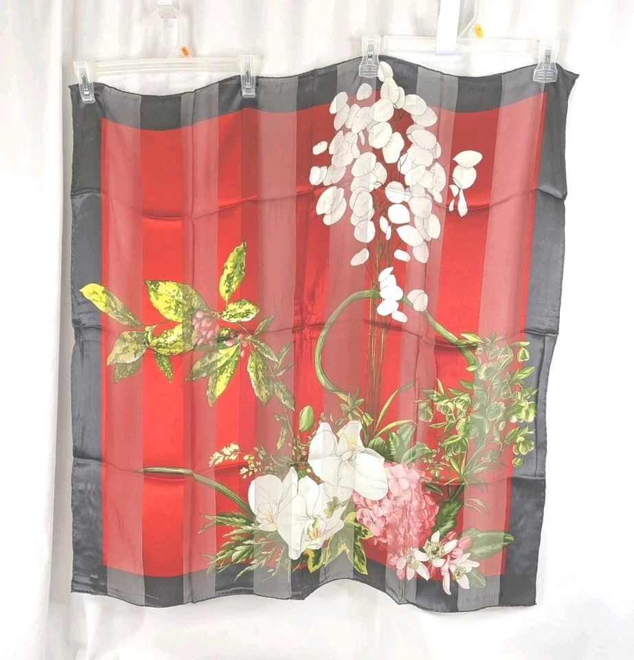 VALENTINO FOULARDS шелковый шарф цветочный орхидеи красный серый коробка 33» квадратный Италии винтажный - Изображение 3 из 4