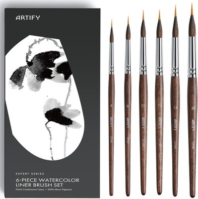 ARTIFY 6-Piece Professional Watercolor Liner Brush Set - Sable & Nylon Hybrid Ex