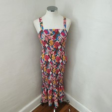 PRETTYGARDEN Womens Floral Smocked Midi Dress Pink Blue Size M 7147 Mermaid Hem