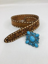 Tooled Leather Western Belt Turquoise Stone Concho Buckle Size 30