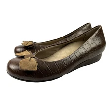 Vionic Lydia Orthaheel Wedge Shoes 7.5 Brown Croc Embossed Slip On Shoes Womens