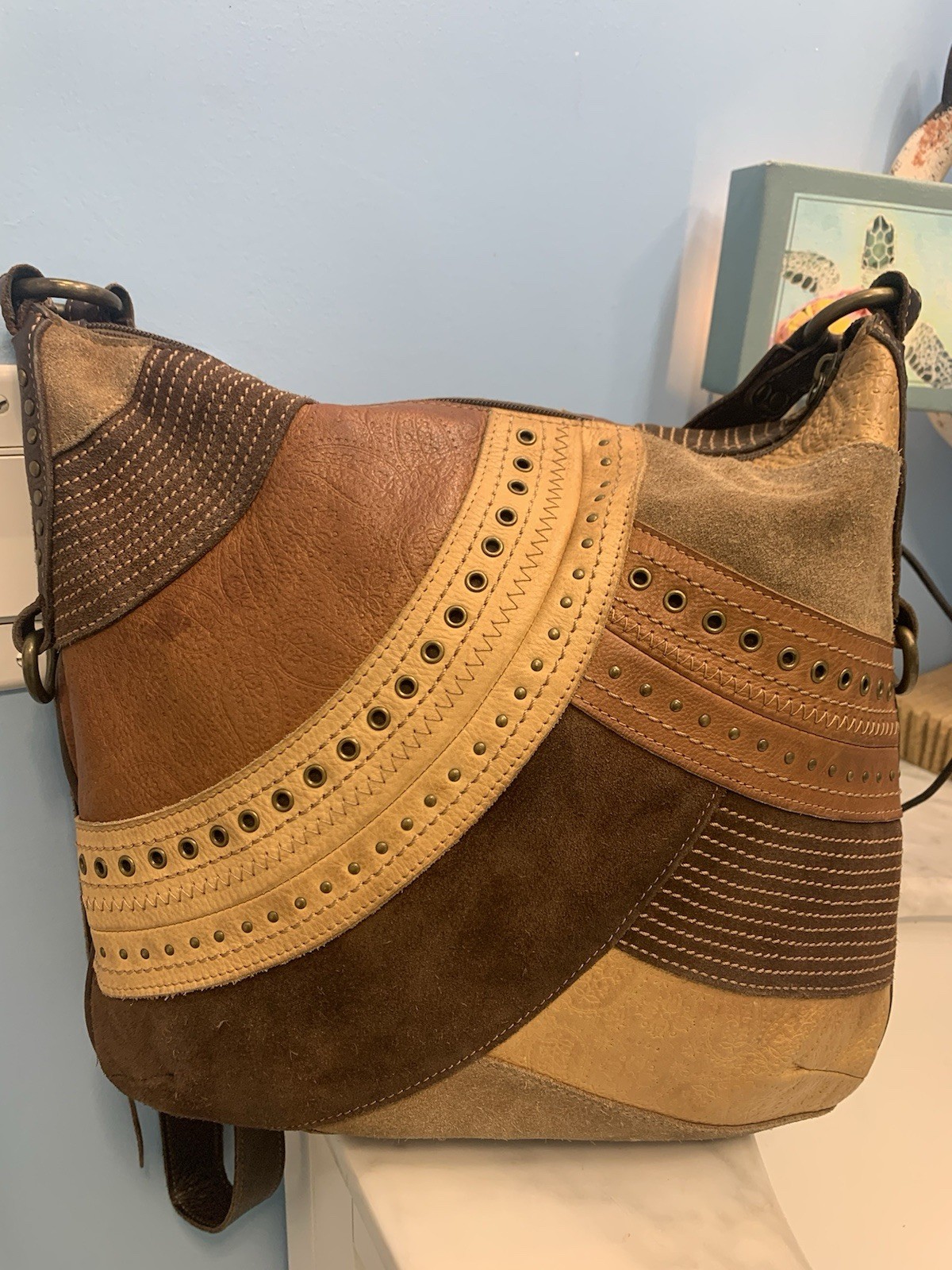 Fossil Brown Leather Multicolor Patchwork Studded… - image 2