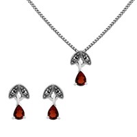 Sterling Silver Garnet & Marcasite January Stud Earring & 45cm Necklace Set Sterling Silver Garnet & Marcasite January Stud Earring & 45cm Necklace Set