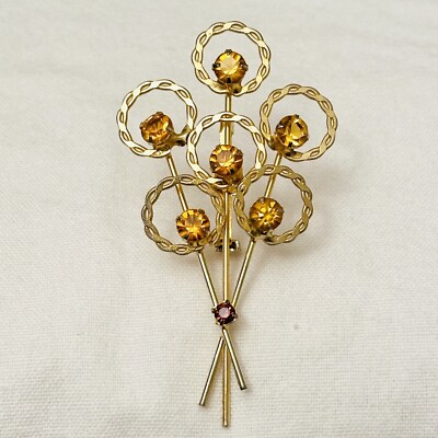 Pretty Vintage Gold Tone metal Yellow Amber Rhinestone Flower