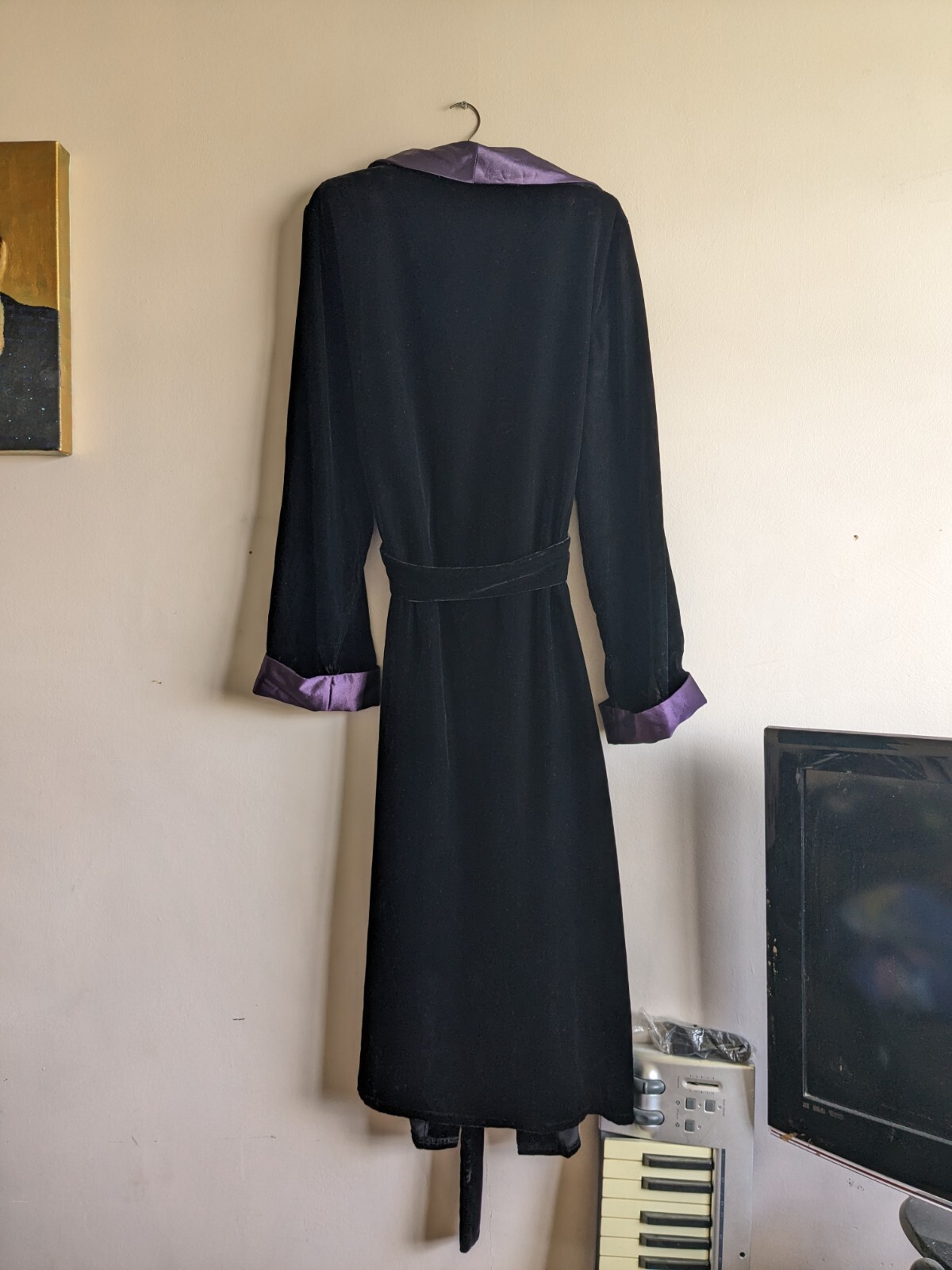Marks & Spencer Dressing Gown/Bathrobe, Black Velvet, Purple Satin Trim
