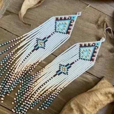 Tribal Earrings Native Large Boho American Seed Beads Handmade Earring
