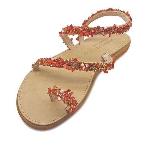 Griechische handgefertigte Sandalen Riemenleder alter Stil Damen Perlen Zehenring Blumenmuster - Bild 4 von 4