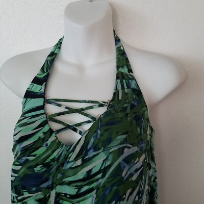 jennifer lopez halter maxi dress Womens 0 Laced Plunge Neck Leaf Tropical Print trends_White