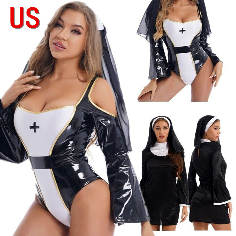 US Sexy Women Nun Costume Cosplay Lingerie Fancy Dress Bodysuit with Headwear