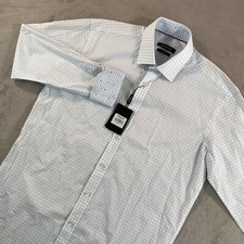 Bugatchi Shaped Fit Shirt Men Medium Sky Blue Geometric Check Flip Cuff NWT 179