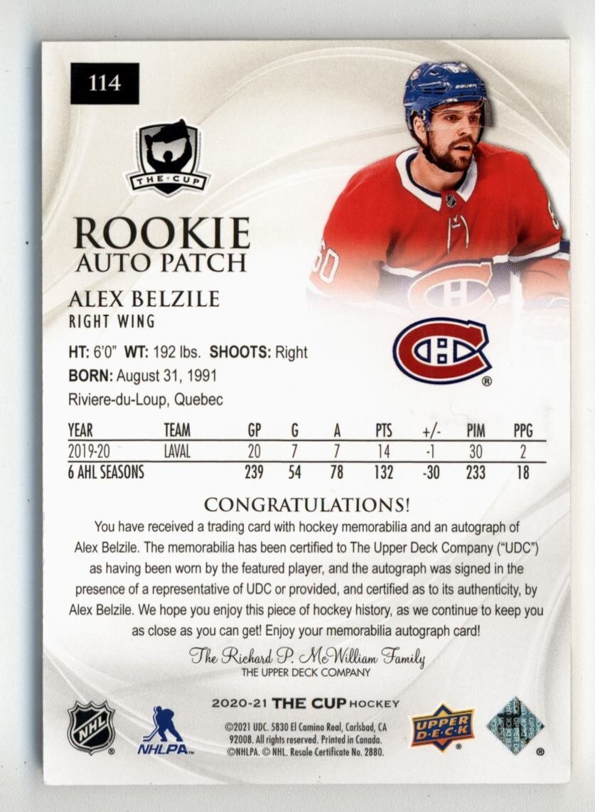 2020-21 The Cup Gold #114 Alex Belzile Rookie Auto Patch 15 2020-21 The Cup Gold #114 Alex Belzile Rookie Auto Patch 15