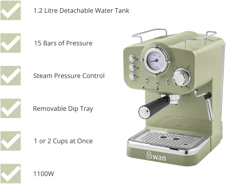 Swan Retro Pump Espresso Coffee Machine Green 1.2L SK22110GN 15 Bar