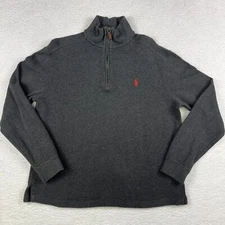 Vtg Polo Ralph Lauren Sweater Mens Medium Gray 1/4 Zip Red Pony Logo Knit Cotton