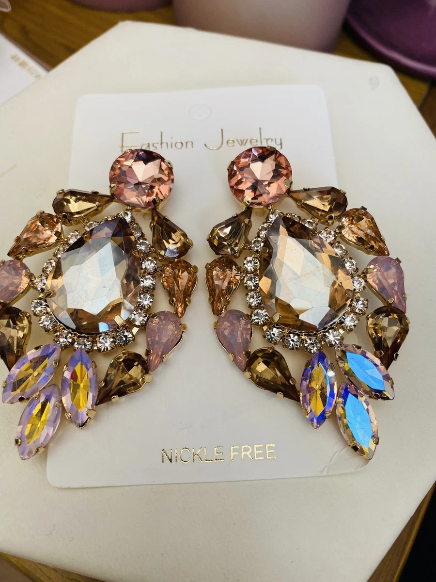 Pink Peach Gold Crystal Diamant boho festival Fashion Earrings