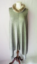 Gaynor Made In Italy Stretch Wool Blend Poncho Shawl Rex Rabbit Fur Trim Gray OS