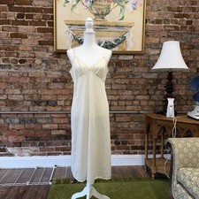 Vintage Ivory Nylon Full Slip Nightgown Lace Trim Adjustable Straps Women Size L