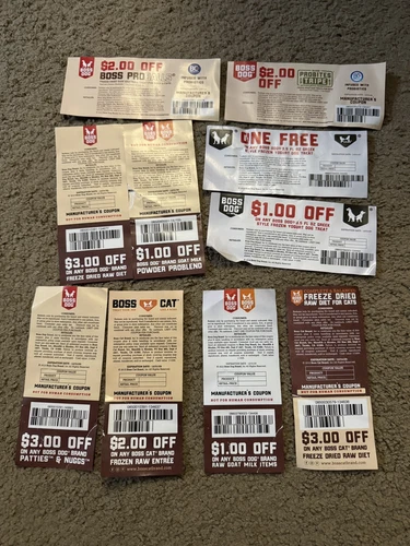 Boss Dog Food Coupons frozen Yogurt Cat Treats Brand Lot