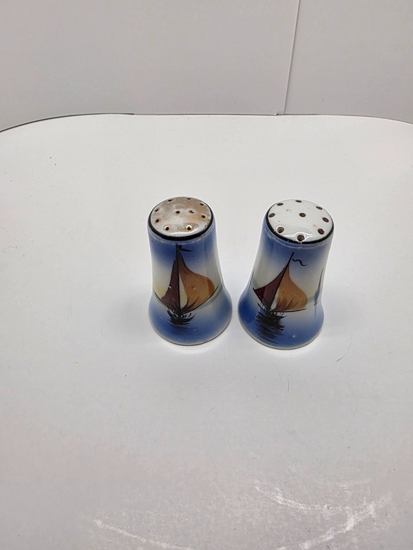 Vintage Hand Painted Japan Sailboat Scene salt and pepper shakers 3” mcm