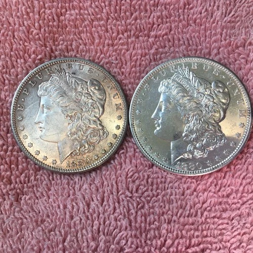 2 x 1880-S LARGE S VAM-9/ NORMAL S  MORGAN SILVER DOLLAR COINS. AU. DETAILS #39