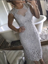 Lipsy VIP Silver Grey Midi Dress 12 Lace Bodycon Party Wedding Embroidered RARE