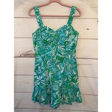 Lilly Pulitzer Romper Dress Blue Green Floral Print Sweetheart Neck Ruffle Sz 6