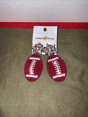 Lulu Camel Threads Beaded Football Earrings Crystal Star Game Day Red NEW