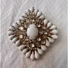 Vintage Pin Milk Glass Tear Drop Cut Glass Clear Crystals Gold Plated