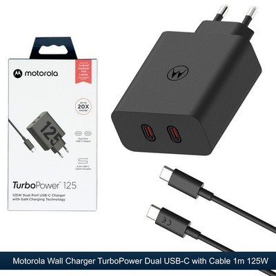 Original Motorola USB-C TurboPower 125W Dual 2 Ports Ladegerät mit Kabel Schwarz