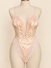 Vintage Fredericks of Hollywood Teddy M Peach Satin Lace teddy USA bone