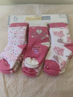 White pink winter socks 6 pairs infant 6-12 months hearts & stars pattern v cute