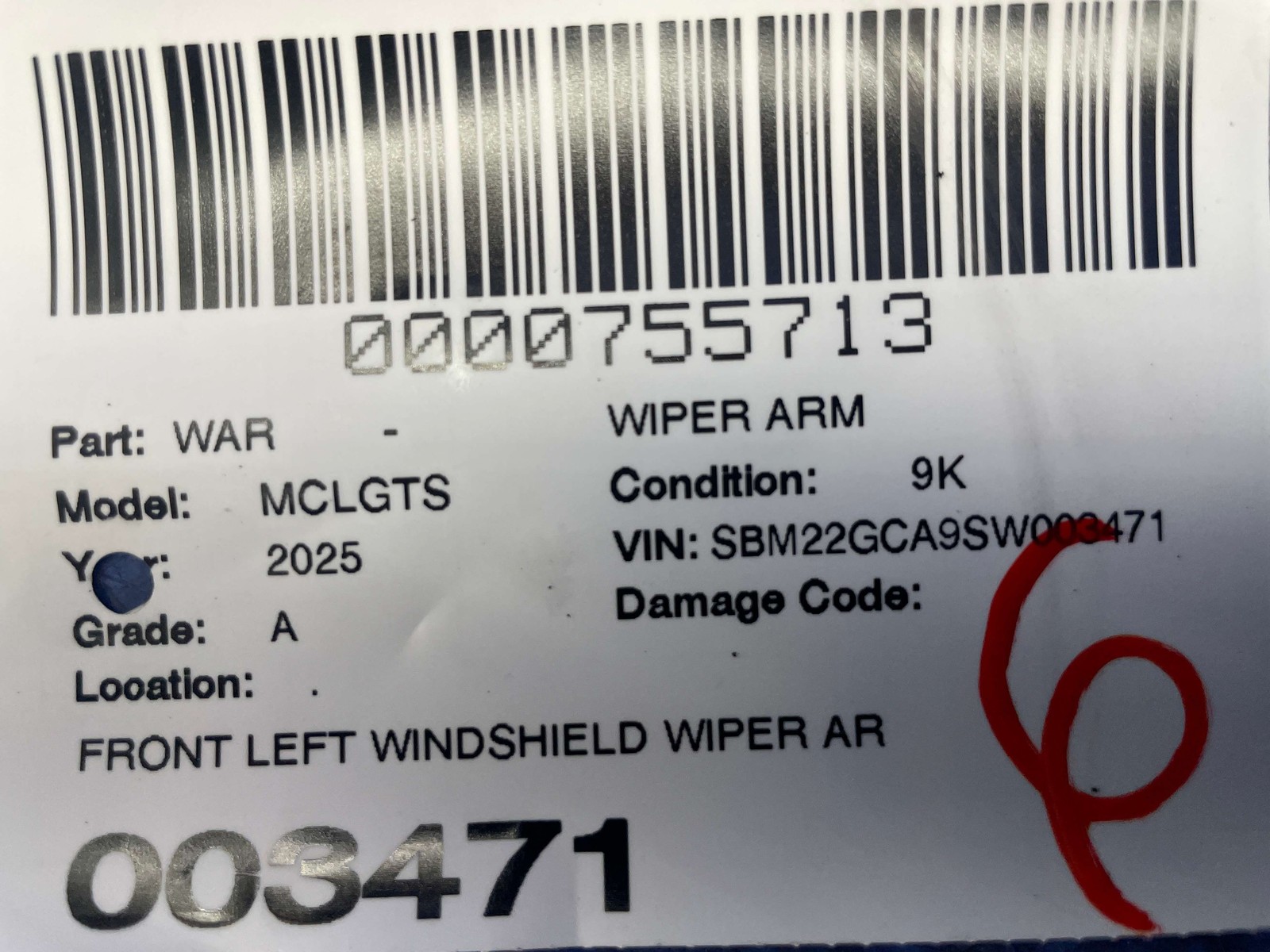 2020-2026 MCLAREN GTS OEM FRONT LEFT WINDSHIELD WIPER ARM BLACK 22AD178GP