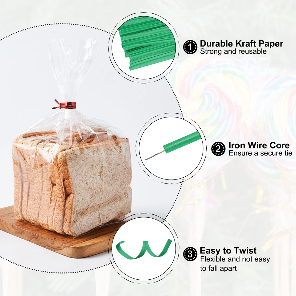 1000 Juego de Corbatas Giratorias Bolsa 3.5" Reutilizables Papel Kraft Corbata Giratoria para Pan Verde Foto 4 de 4