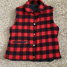 Vintage Woolrich Womens Buffalo Red Plaid reversible Vest Wool Black USA Sz L