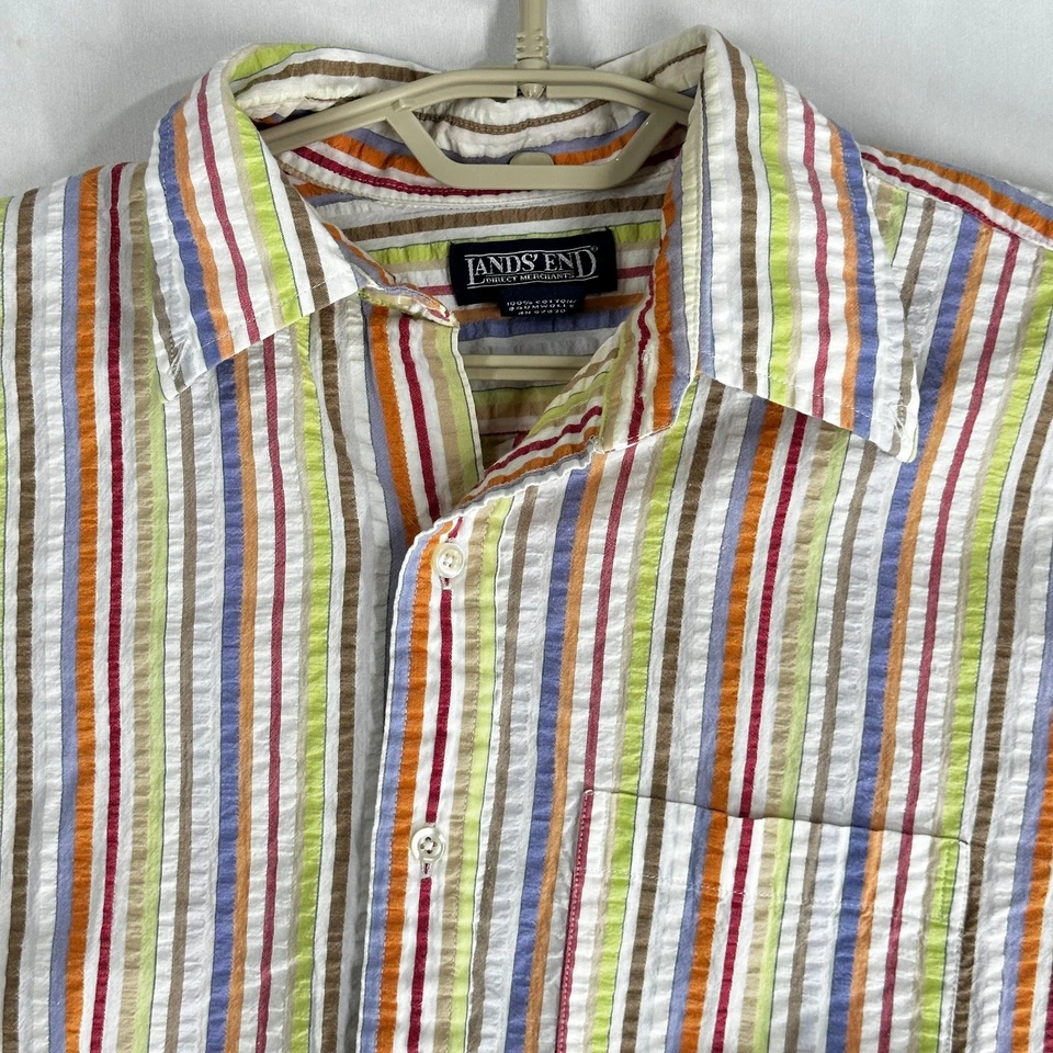 Lands End Shirt Men Size M Blue White Red Orange Green Striped Cotton Preppy Y2K - Image 2 of 4
