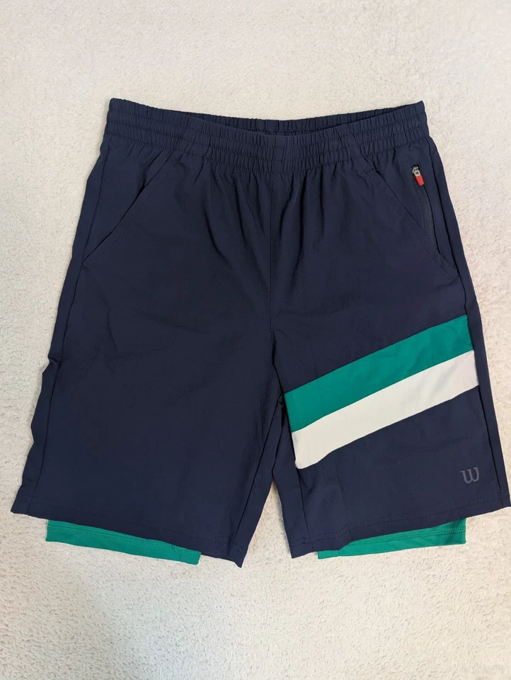 ¡Pack de 2 nuevos! Pantalones Cortos Wilson Niños XL Azul Beige Forrado Cordón Cintura Cremallera Bolsillo Foto 2 de 4