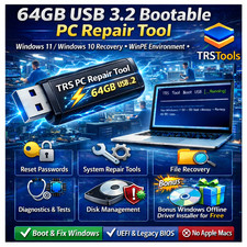 64GB USB 3.2 Bootable PC Repair Tool   Windows 11/10 Recovery, WinPE Pass Reset