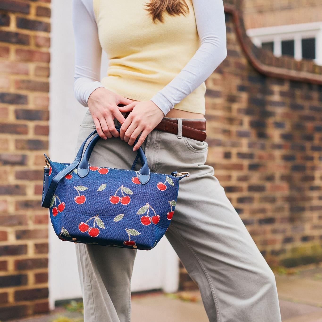 Womens Grab Handbag Cherry Print Blue Top Handle Shoulder Cross Body Bag Travel