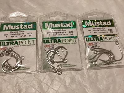 Lot of 3 New Packages of 5 Mustad Ultra Point Inline Singl Hooks 3/0 10121NP-DT