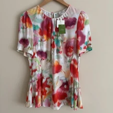 Kate Spade Blouse Top 10 Floral Tulip Watercolor Print Short Sleeve Peplum